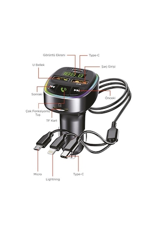 Torima G15 Siyah Fm Transmitter Araç Şarj Cihazı 18w Hızlı Şarj - Usb/type-c/tf Kart Destekli