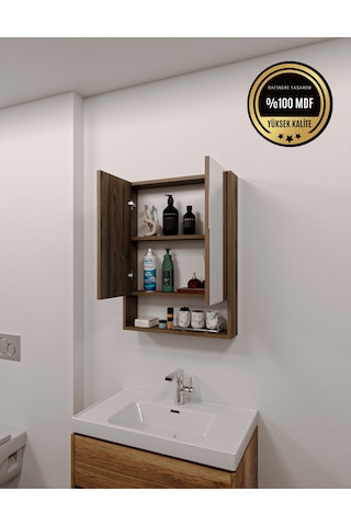 Lotus Mdf 2 Kapaklı Aynalı Banyo Dolabı Lavabo Üstü Dolap Çok Amaçlı Banyo Dolabı Koyu Ceviz
