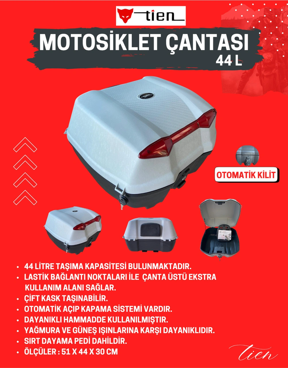 Bike Sky Tien 44 Litre Motosiklet Çantası - Gri - Otomatik Kilit Beyaz