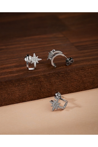 925 Ayar Rodyum Kutup Yıldızı Piercing Görünümlü Çivili Gümüş Küpe Çift Kullanım Re10223
