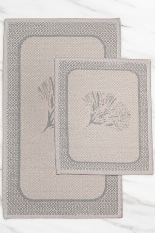 Naturel Pamuklu Kilim Yıkanabilir Banyo Paspası 2'li Klozet Takımı 60x100-50x60cm Çiçekli Bej