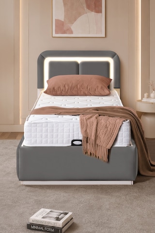 Demonte Baza Seti, Nox Ledli Tek Kişilik Baza Başlık Maxi Yatak Seti, Gri - 100x200 Cm 100 x 200