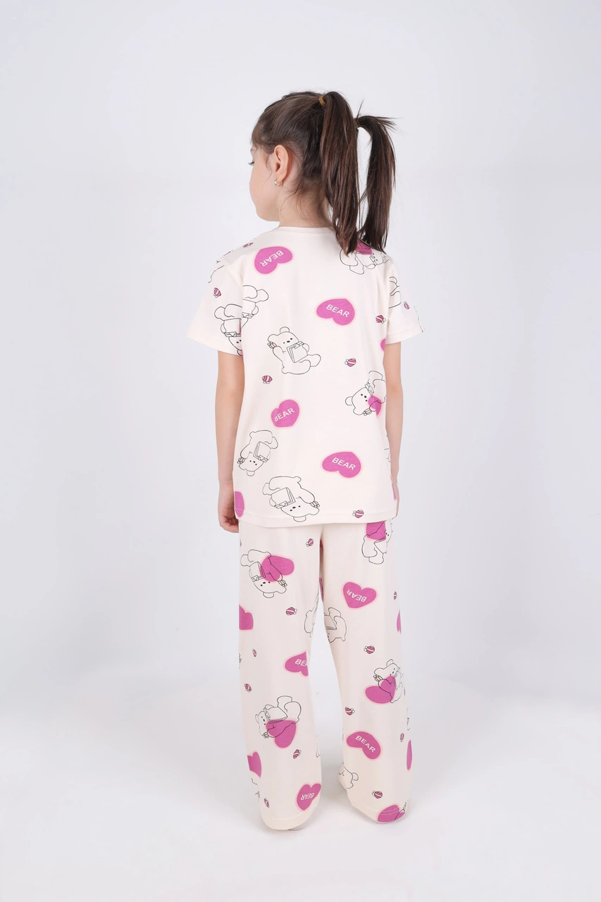 Kız Çocuk Pamuklu Kalpli Desenli Pijama Takımı Kc30102 Ekru - Pembe
