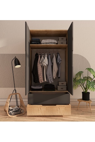 Flora 2 Kapaklı 2 Çekmeceli Gardırop Safir Meşe - Antrasit Elbise