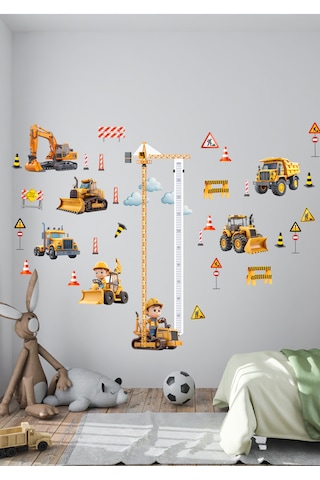 İş Makinası Temalı Boy Ölçerli Duvar Sticker Seti - Mat, Sökülebilir, Çocuk Odası Dekoru 01