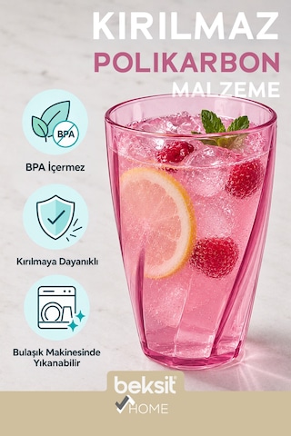 BEKSİT HOME Glassy Kırılmaz Polikarbon 6'lı Bardak Pembe (400 Ml)