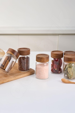 Akasya 6 Adet 300 Ml Cam Baharatlık - Akasya Rengi - Yuvarlak Çok Renkli