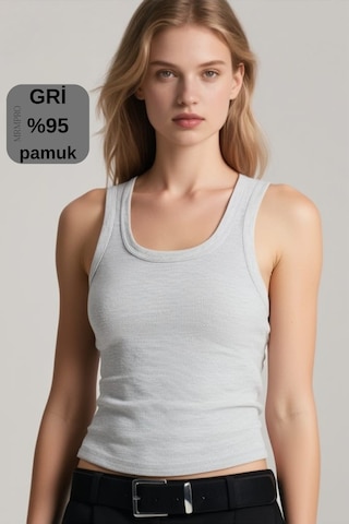 Mrmpro Kadın Lacivert Fitilli Görünümlü Kalın Askılı Basic Atlet Body %95 Pamuk Gri Melanj