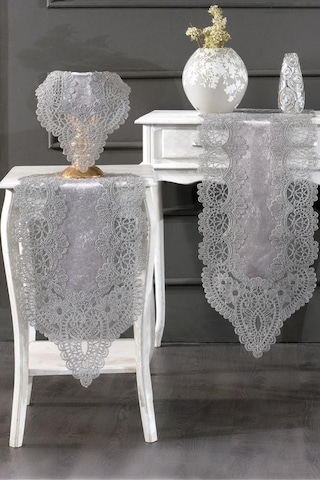 Fransız Güpürlü Kadife Luna Salon Takımı 5 Parça Gri Gri