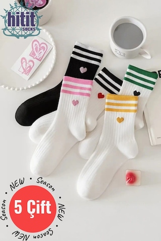 Kadın 5 Çift Premium Kalite Çizgili Kalp İşlemeli Tenis Soket ASORTİ