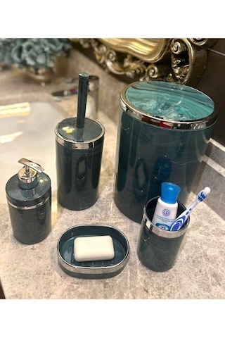 Makri Home Banyo Seti 5'li, Yuvarlak, Akrilik-çöp Kovası, Wc Fırçalık, Sıvı Sabunluk, Diş Fırçalık, El Sabunluk Yeşil