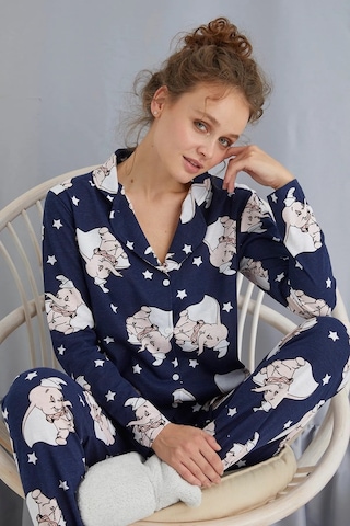 Waynap Kadın Düğmeli Desenli Pijama Takımı Boydan Düğmeli Takım- 1001 Lacivert
