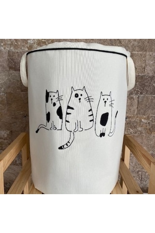 HS Hometex Kedicik Nakışlı Bez Kirli ve Oyuncak Sepeti