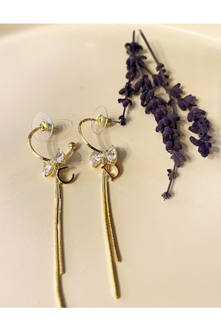 Kadın Harf Ve Fiyonk Detay Çelik Sallantılı Küpe Gold