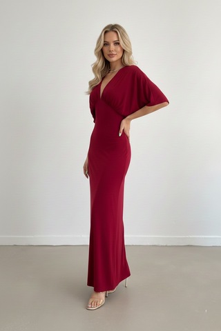 Defymoda Kadın Uzun Yırtmaçlı Modern Kesim Elbise Bordo