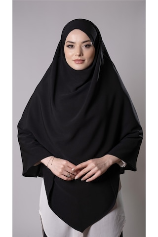 Siyah Pratik Hazır Geçmeli Tesettür Eşarp Medine İpeği Bağcıklı Çift Katlı Sufle Hijab 2302 01