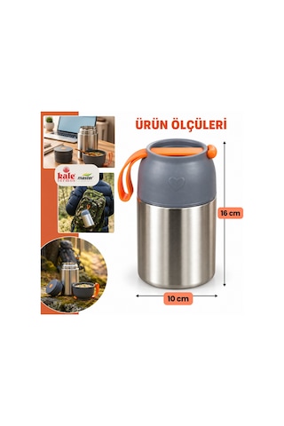 Master 450 Ml Çelik Yemek Termosu 304 Paslanmaz Çelik Sıcak Soğuk Yemek Ve Mama Kabı, Kaşıklı, Taşıma Kulplu-496 Gümüş