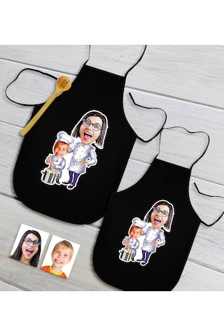 Kişiye Özel Ikili Anne Oğul Karikatürlü Siyah Mutfak Önlüğü Seti-