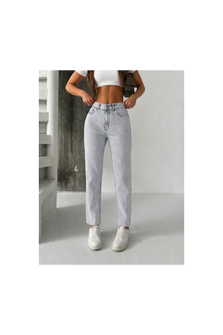 Bluemarlin Gri Kar Ön Arka Taşlı Paça Kesik Mom Denim Pantolon Gri Kar