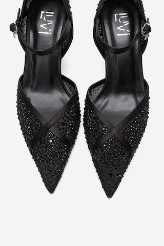 Luvishoes Rachel Siyah Saten Taş Detaylı Fileli Kadın İnce Topuklu Abiye Ayakkabı