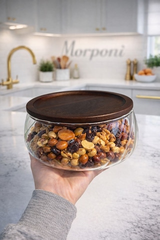 Morponi 2'li Borosilikat Cam Lüks Akasya Kapaklı Cam Kase - Sunumluk-salata Kasesi 18 Cm - 22 Cm Dalgalı Model Şeffaf