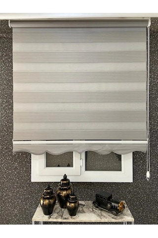 Gri Geniş Pliseli Zebra Stor Perde Eteği Dilimli Alüminyum Kasa+metal Ayak
