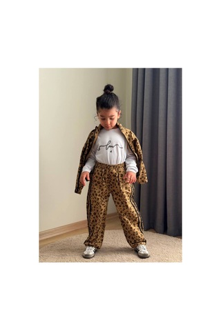 Toikids Kız Çocuk Gabardın Kumaş,leopar Şerit Detaylı 3lü Takım Kahverengi