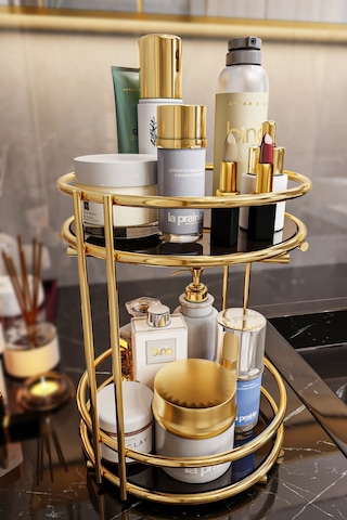 Bino Banyo Kozmetik Takı Düzenleyici Çok Amaçlı Organizer 2 Katlı Servis Sunum Tepsisi İkramlık Gold Düzenleyici