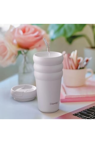 3 Bubble Two-cap Straw Tumbler Çelik Termos 600 Ml Lilac Hint St-245 Açık Bej