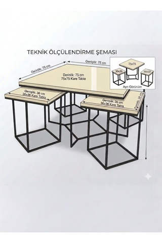 Usta Mekan Monza 5 Li Gümüş Beyaz 4+1 Kare Orta Sehpa