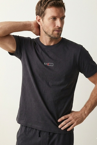 Elemge %100 Pamuk Tok Penye Süprem Erkek 2'li Pijama Takımı Rahat Kalıp Koyu Antrasit Kısa Kol Cepli İpli