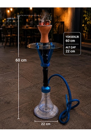 60 Cm Cam Hazneli Lüx Nargile Takımı Mavi Metal Gövdeli Modern Tasarım