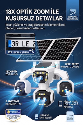 5 Kameralı 4g/e-sım Destekli 18x Zoom Ptz Güneş Enerjili Profesyonel Dış Mekân Güvenlik Kamerası 25gb