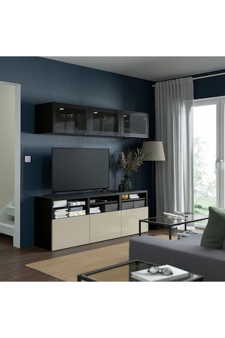 Tv Ünitesi, Venge-parlak Cila-bej-füme Cam, 180x42x192 Cm, Selsvıken/glassvık, Fren Raylı Gri