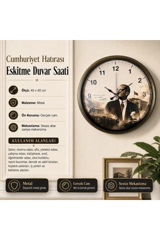 Cumhuriyet Hatırası Eskitme 40 X 40 Cm Metal Duvar Saati