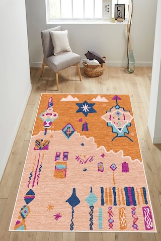 Bohem Figürlü Modern Sanat Temalı Dijital Baskılı Yıkanabilir Kaymaz Taban Salon Halısı Yolluk Çok Renkli