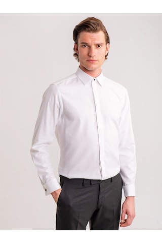 Dufy Beyaz Erkek Slim Fit Brent Yaka Uzun Kol Gömlek - 58629 Beyaz