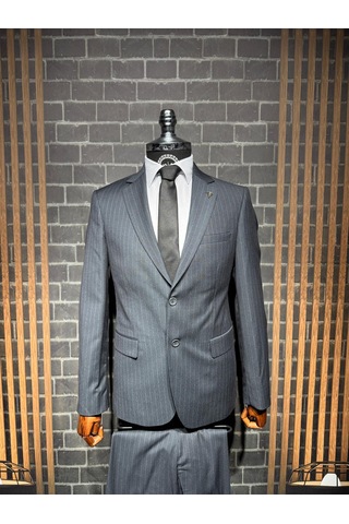 Dupont Classics Dupont Erkek Slim Fit 6 Drop Çizgili Viskon Mono Yaka Çift Düğme Çift Yırtmaç 2 Li Takım Elbise Açık Gri
