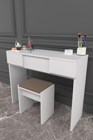 Dekorfim DF02101B Çekmeceli Aynalı Tabureli Puflu Makyaj Masası