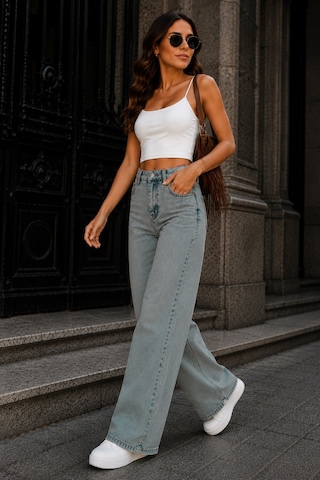 Cedy Denim Cedy Denım Kadın Vintage Straight Fit Yüksek Bel Likrasız Geniş Paça Kombin Jean Pantolon E7028 Yeşil