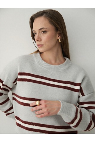 Laluvia Bordo Renkli Çizgili Oversize Triko Kazak - 2516 Bordo