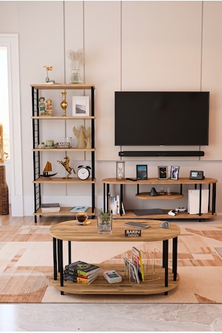 Salon Oturma Odası Takımı Metal Ayaklı Tv Ünitesi Kitaplık Orta Sehpa Avantajlı Mobilya Seti Atlantik Çam