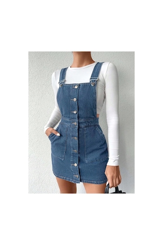 Kene Jeans Ön Düğmeli Etekli Koyu Mavi Bahçevan Elbise Koyu Mavi