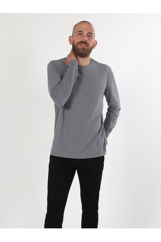 Colins Regular Fit Bisiklet Yaka Erkek Gri Melanj Uzun Kol Tişört 001