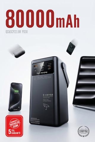 80.000mah Kamp 30w 22.5w Qc Hızlı Şarjlı Dahili Usb-c Kablolu Led Işıklı Dijital Göstergeli Taşınabilir Güç İstasyonu
