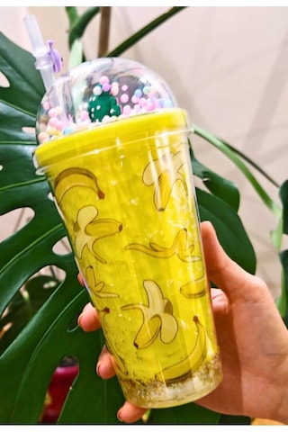 Led Işıklı Figürlü Banana Muz Temalı Suluk Pipetli Buzlu Cam Görünümlü 450 Ml Çift Katman Suluk 2768 Çok Renkli