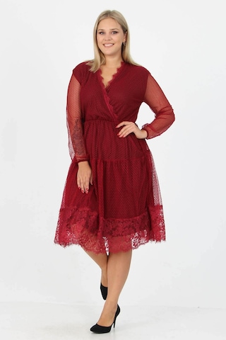 Dip Moda Kadın Astarlı Tül Büyük Beden Elbise Dpapcx14 Bordo