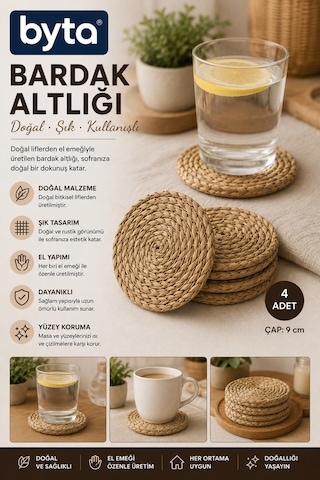 Doğal Hasır Bardak Altlığı 4'lü Set 9 Cm Yuvarlak Supla Kupa Ve Bardak Altlığı Diğer