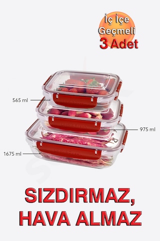 Lock&fresh Master Dikdörtgen Saklama Kabı 565,975,1675 Ml Üçlü Set Kırmızı