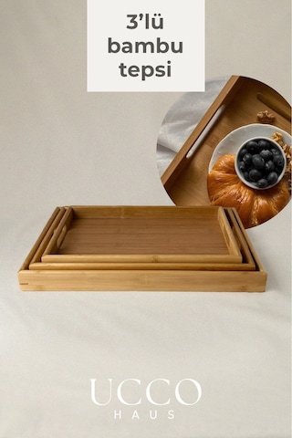 3'lü Bambu Tepsi Seti Doğal Ahşap Servis Tepsisi 40x28 -37x25 -33x22 Cm Şık Ve Sağlıklı Sunum